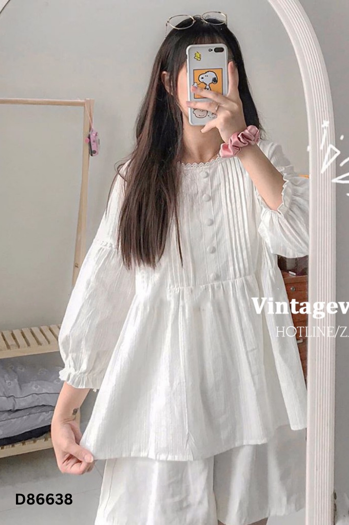 Áo babydoll trắng cài khuy