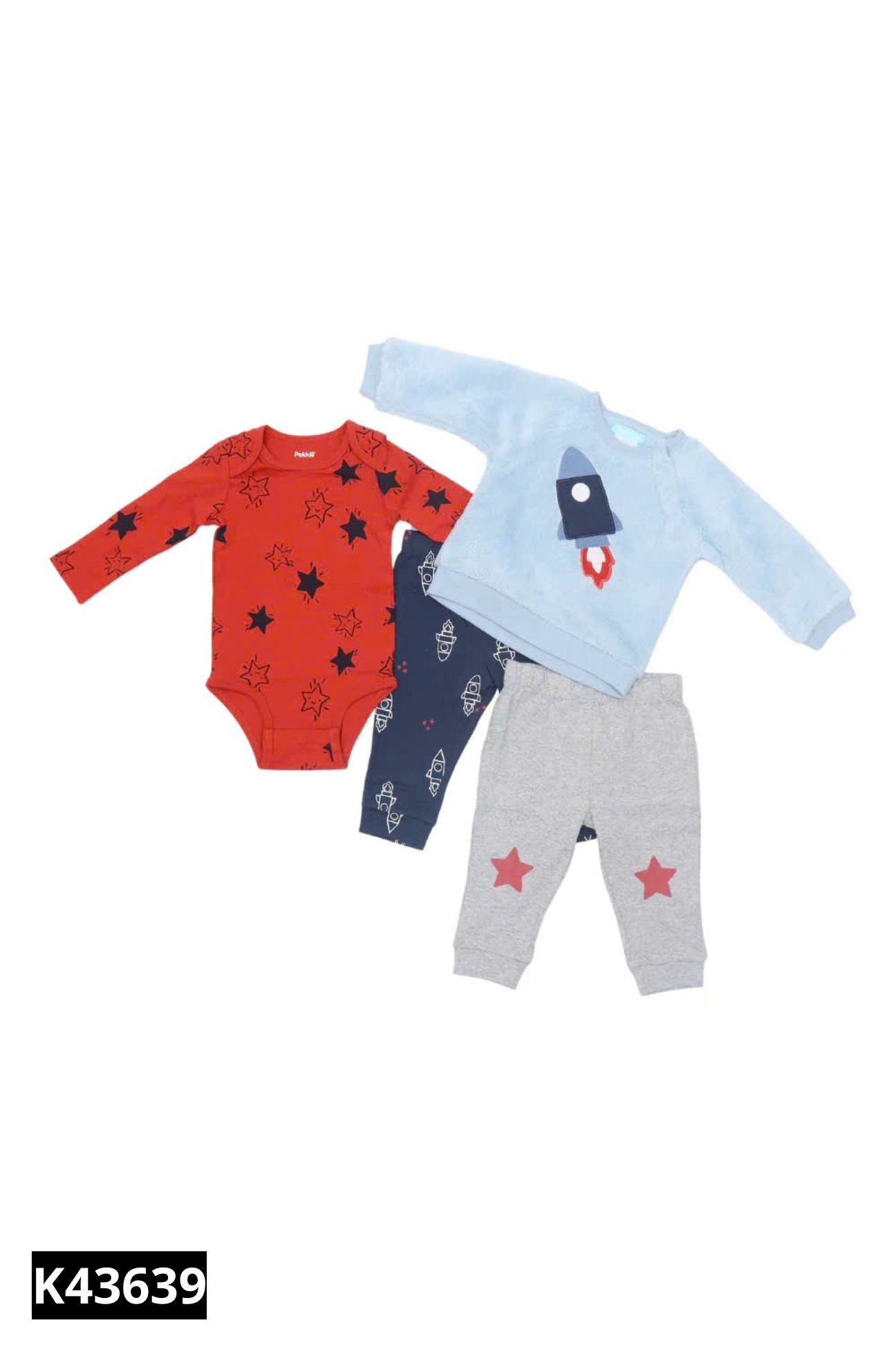 NEW SET 4 PEKKLE Áo lông xanh + bodysuit đỏ cam + quần xanh than + quần xám KIDS