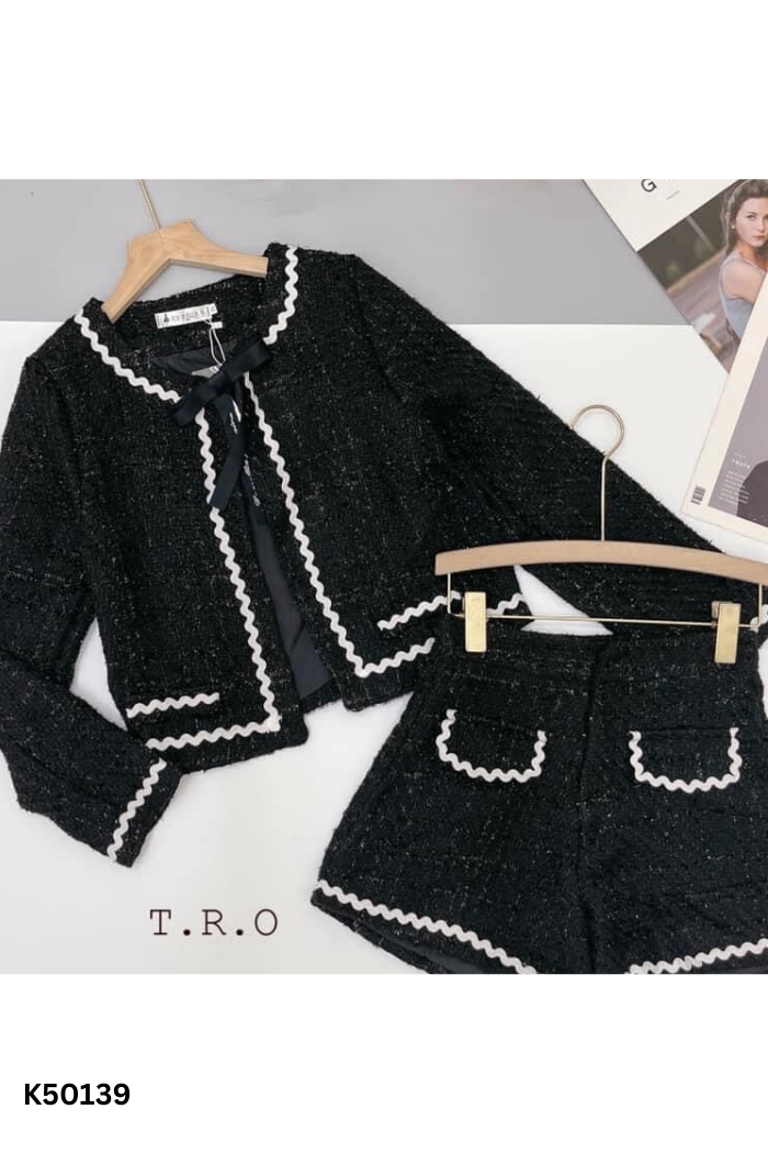 NEWTAG Set Áo dạ đen nhũ + quần shorts