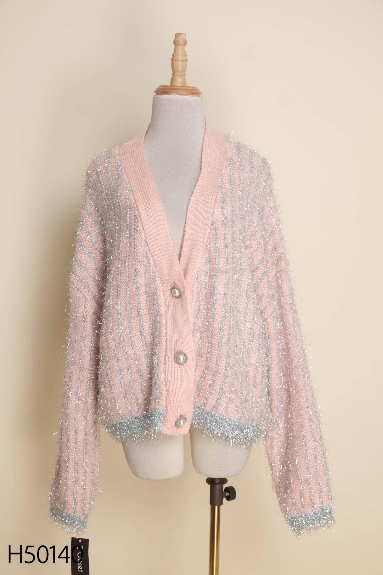 Cardigan len hồng kim tuyến bạc