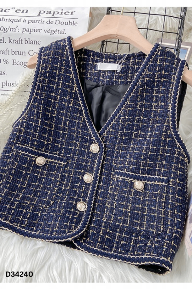 Áo dạ tweed xanh kẻ nhũ vàng