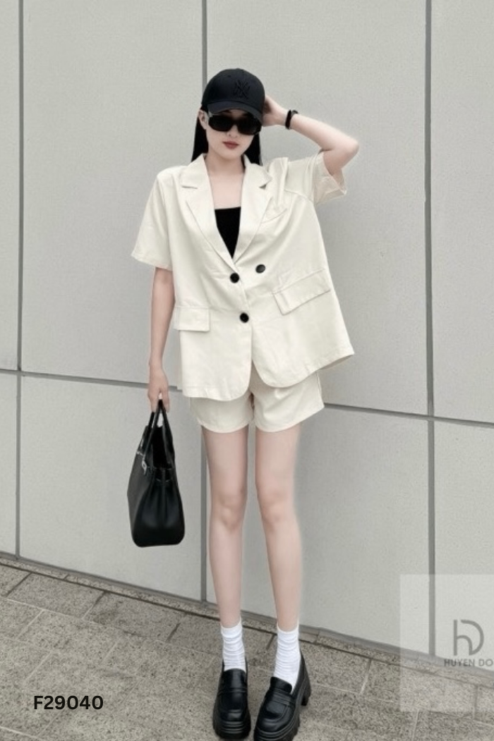 NEWTAG set áo kiểu blazer be+quần short