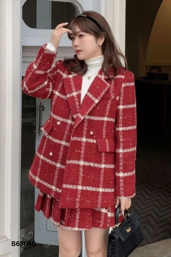 SET Áo dạ tweed đỏ kẻ vàng + chân váy