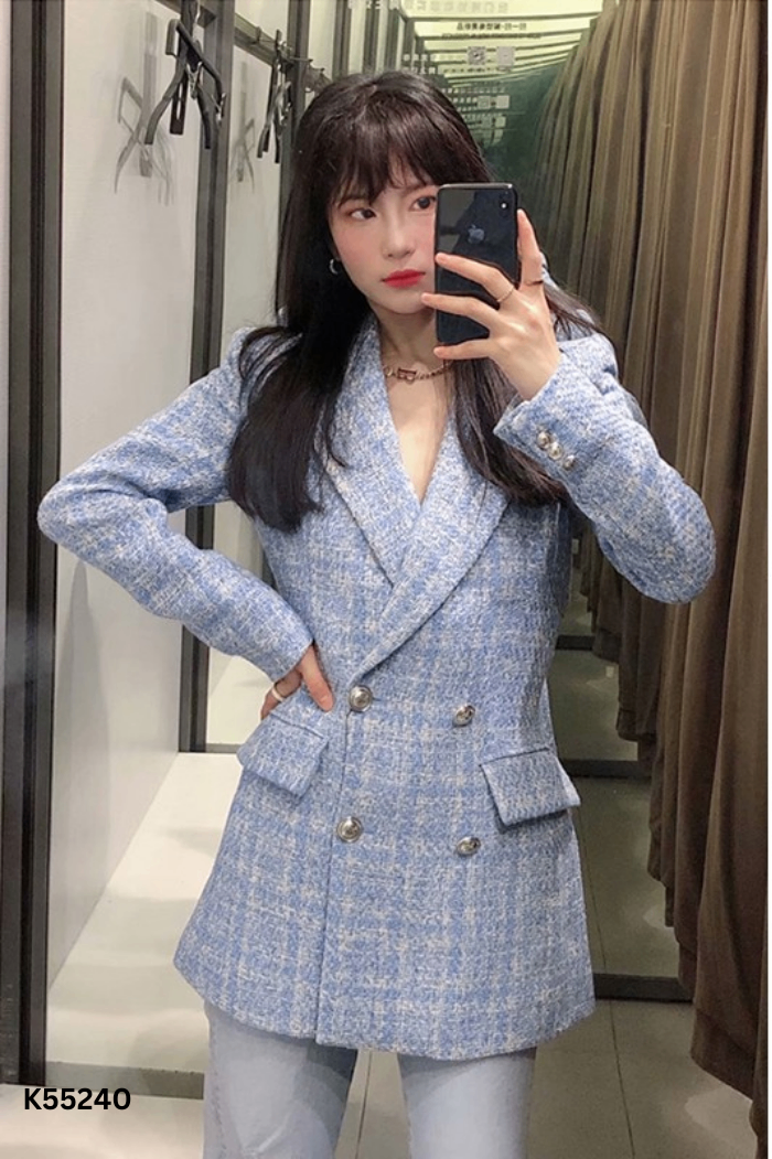 Blazer ZARA dạ tweed xanh phối trắng