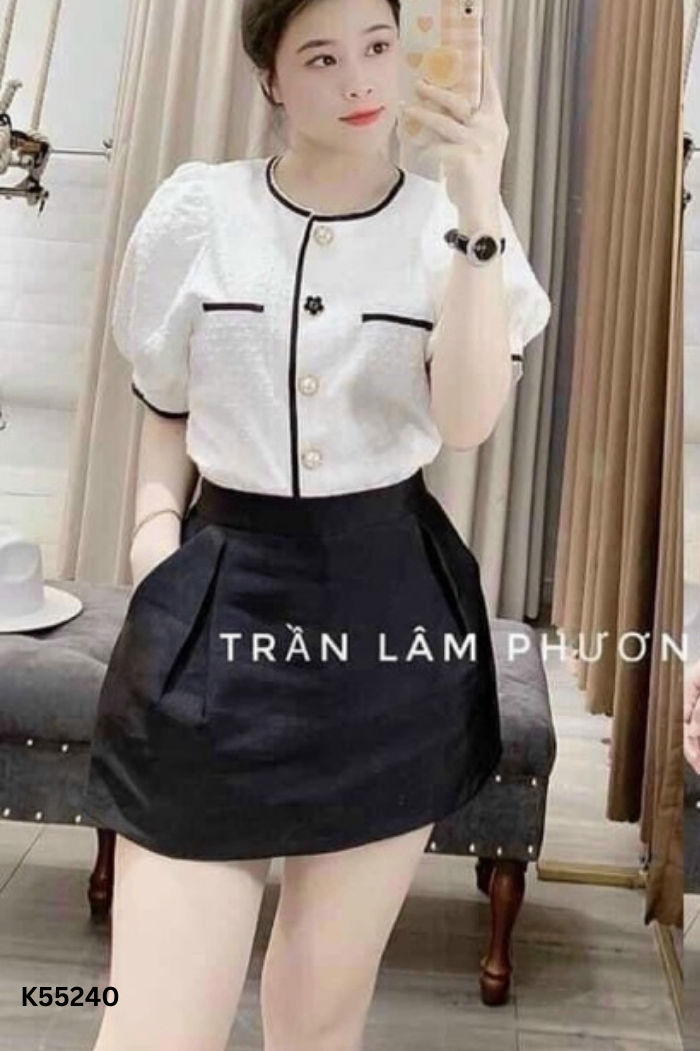 SET Áo trắng viền đen + quần short đen