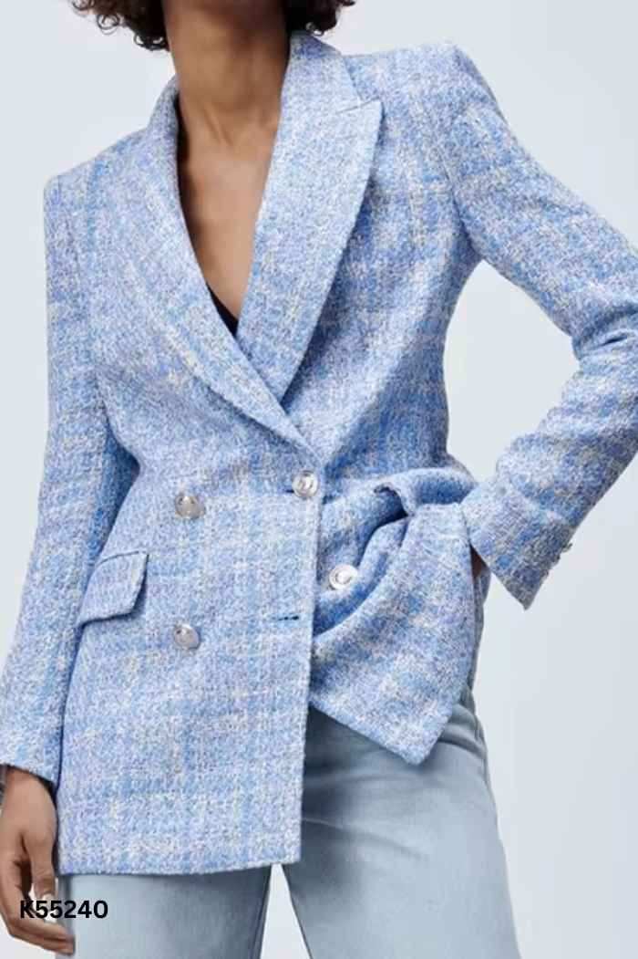 Blazer ZARA dạ tweed xanh phối trắng