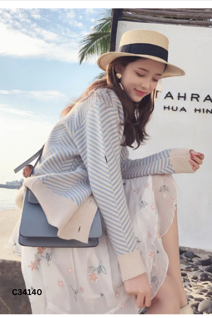 Áo khoác cardigan len kẻ xanh