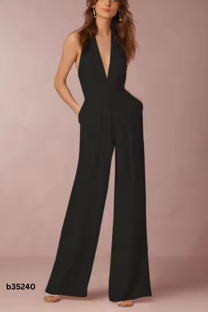 Jumpsuits cổ yếm đen quần dài