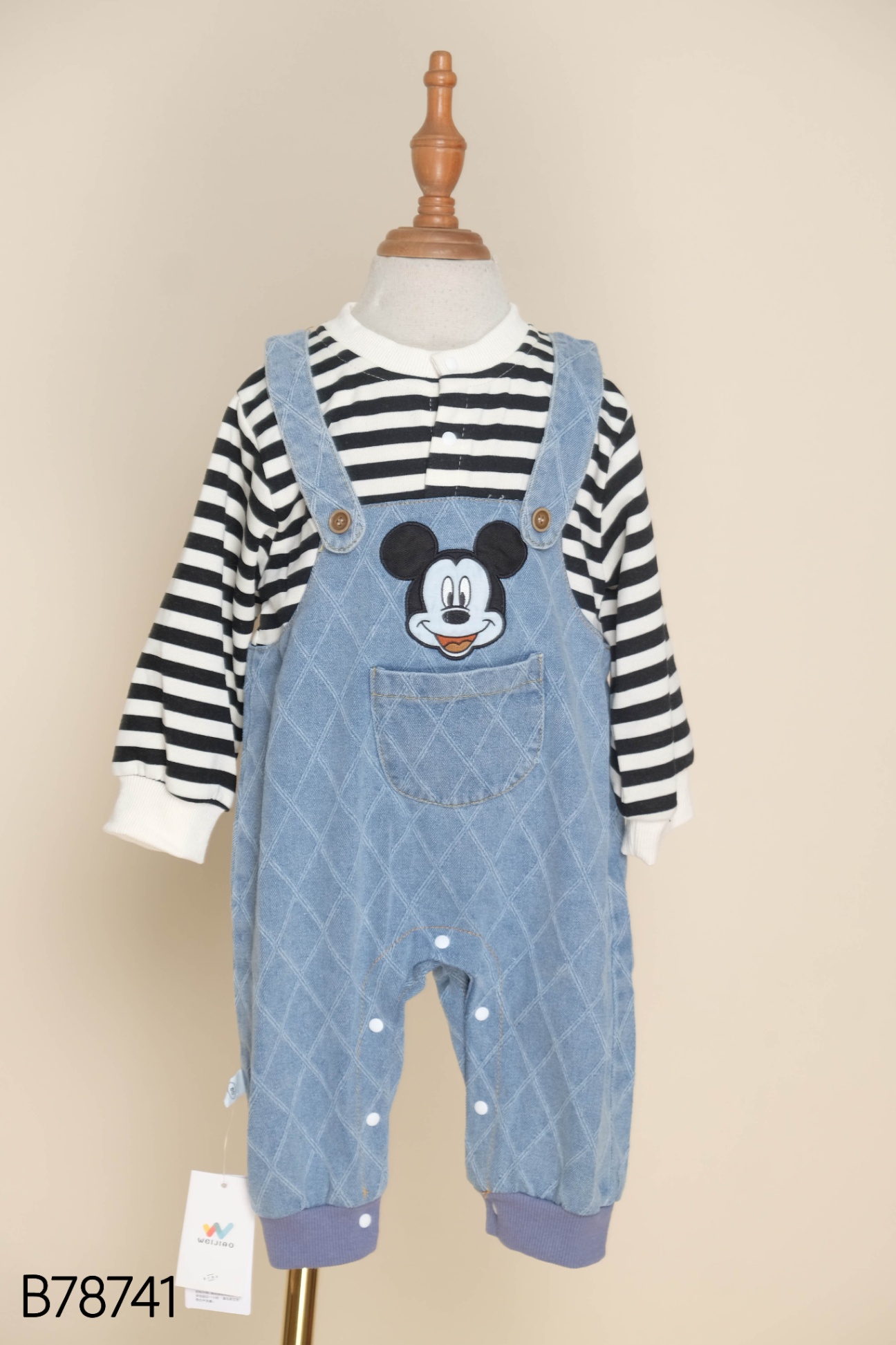 NEWTAG Jumpsuit trắng kẻ đen phối jean mickey KIDS