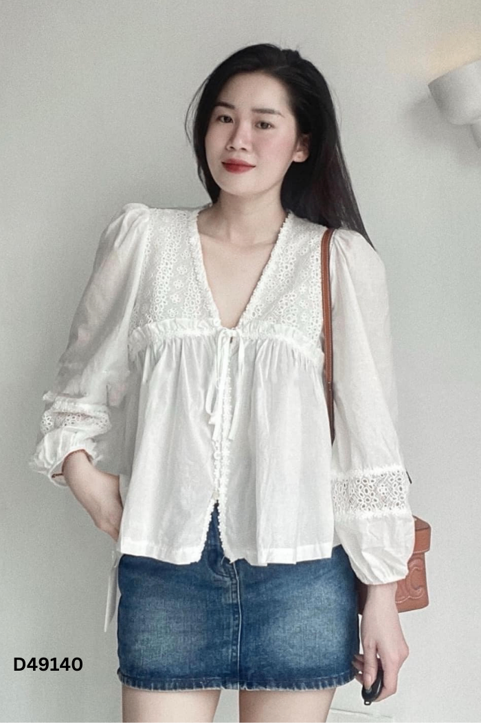 Áo kiểu babydoll trắng phối ren