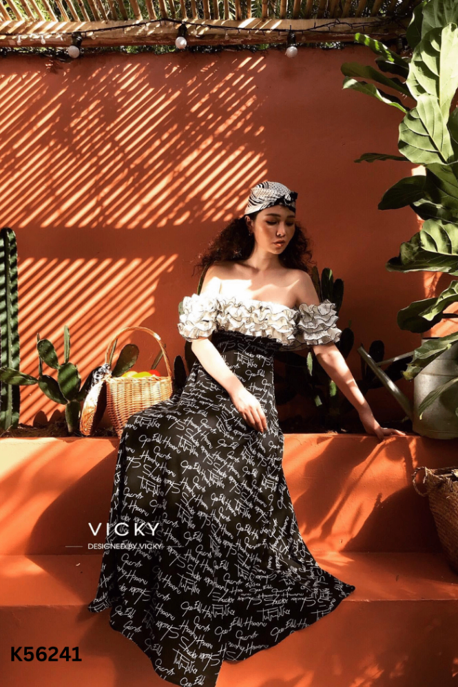 Váy trễ vai đen VICKY'S STORE bèo be