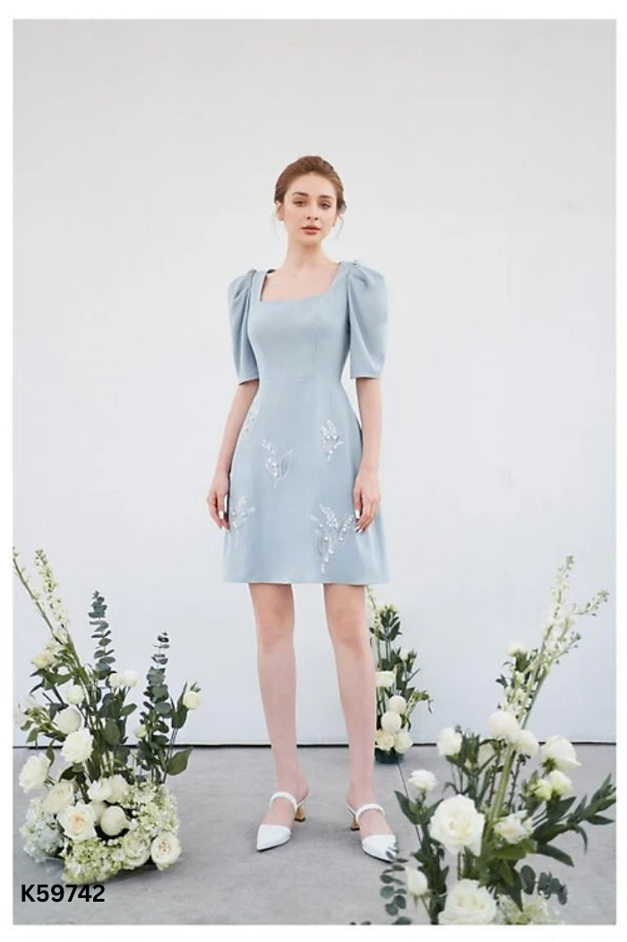 Váy ADORE DRESS xanh họa tiết trắng