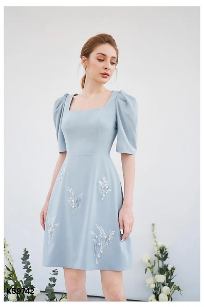 Váy ADORE DRESS xanh họa tiết trắng