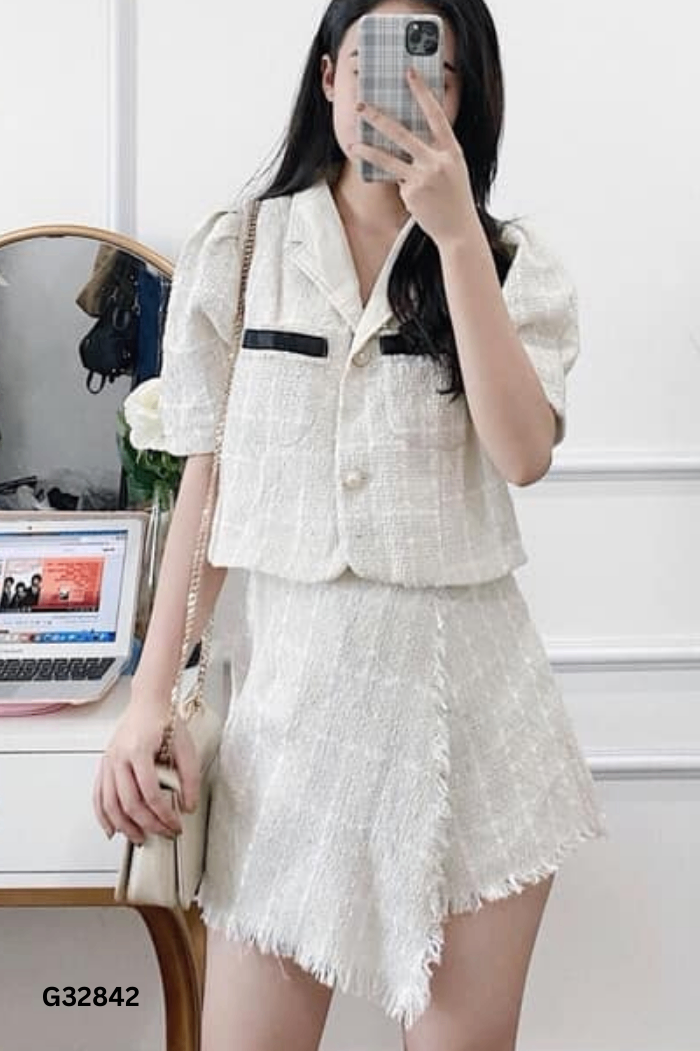 Set Áo dạ be cúc ngọc + quần shorts vạt