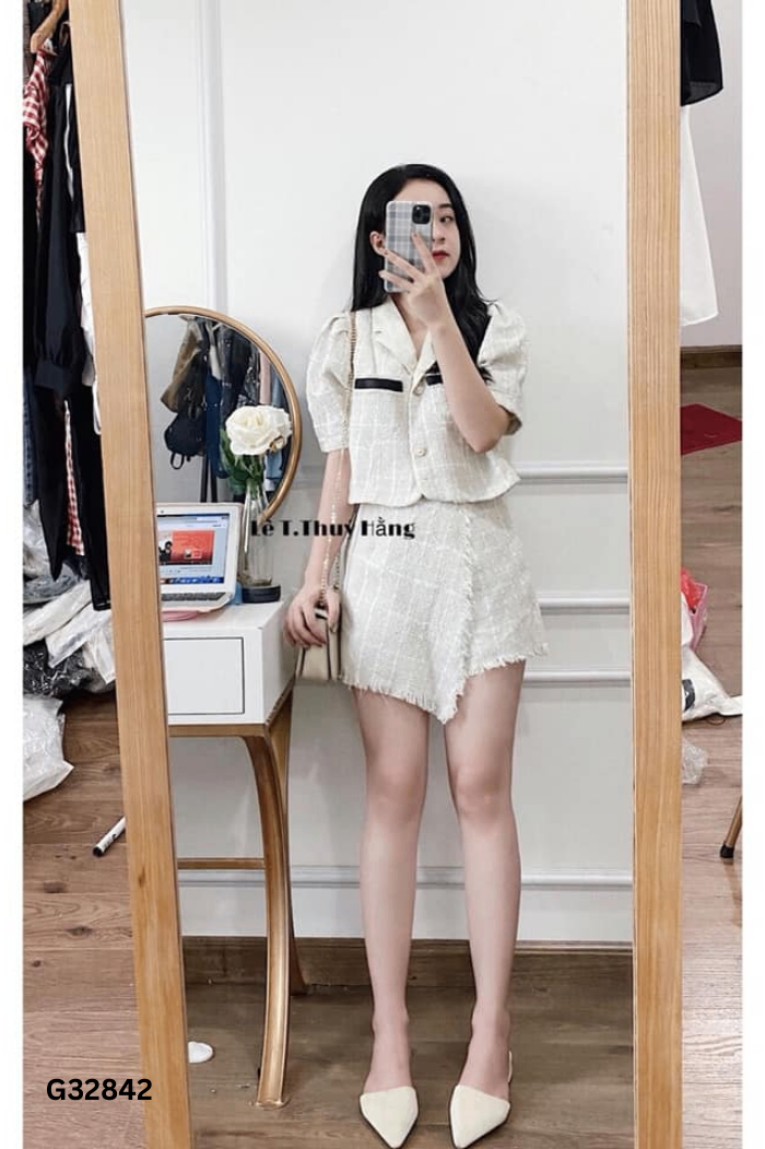 Set Áo dạ be cúc ngọc + quần shorts vạt