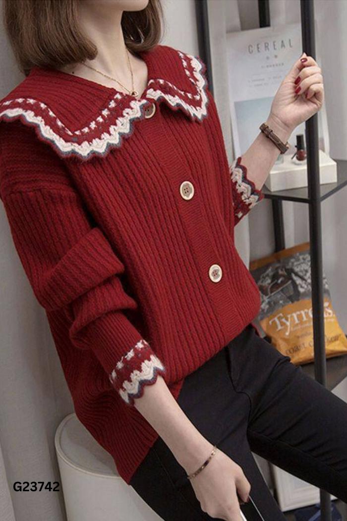 Cardigan len đỏ cổ bèo