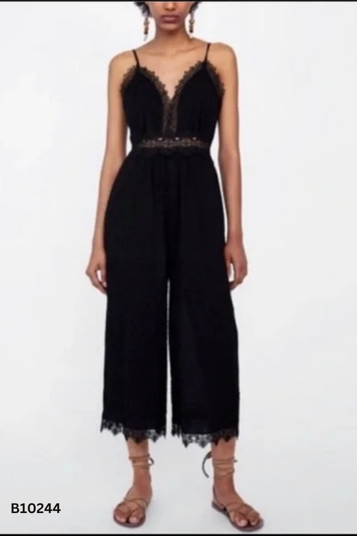 Jumpsuits hai dây ZARA đen viền ren