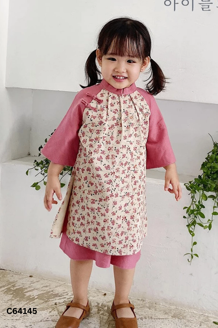 Set Áo dài hồng hoa + chân váy KIDS