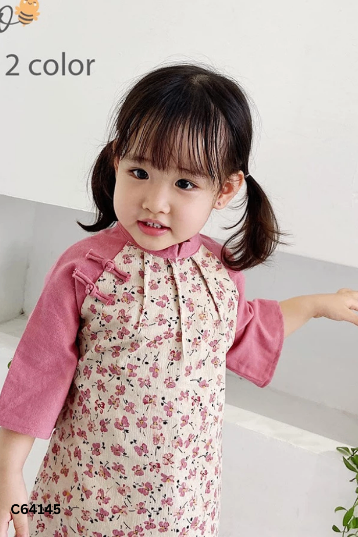 Set Áo dài hồng hoa + chân váy KIDS