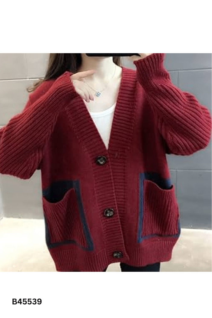 Áo khoác cardigan len đỏ phối túi