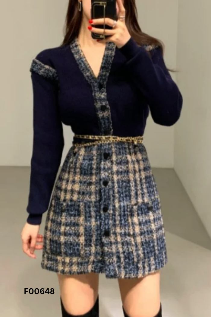 NEWTAG Váy xanh than phối dạ tweed