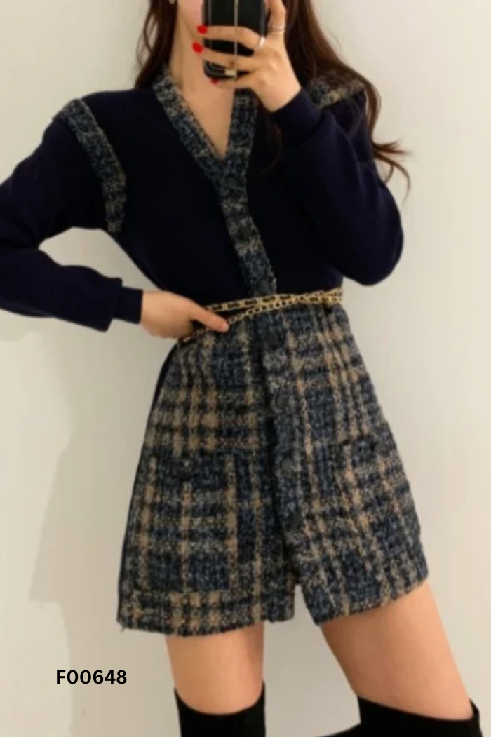 NEWTAG Váy xanh than phối dạ tweed