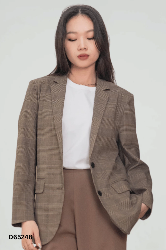 Áo khoác blazer kẻ nâu dáng dài