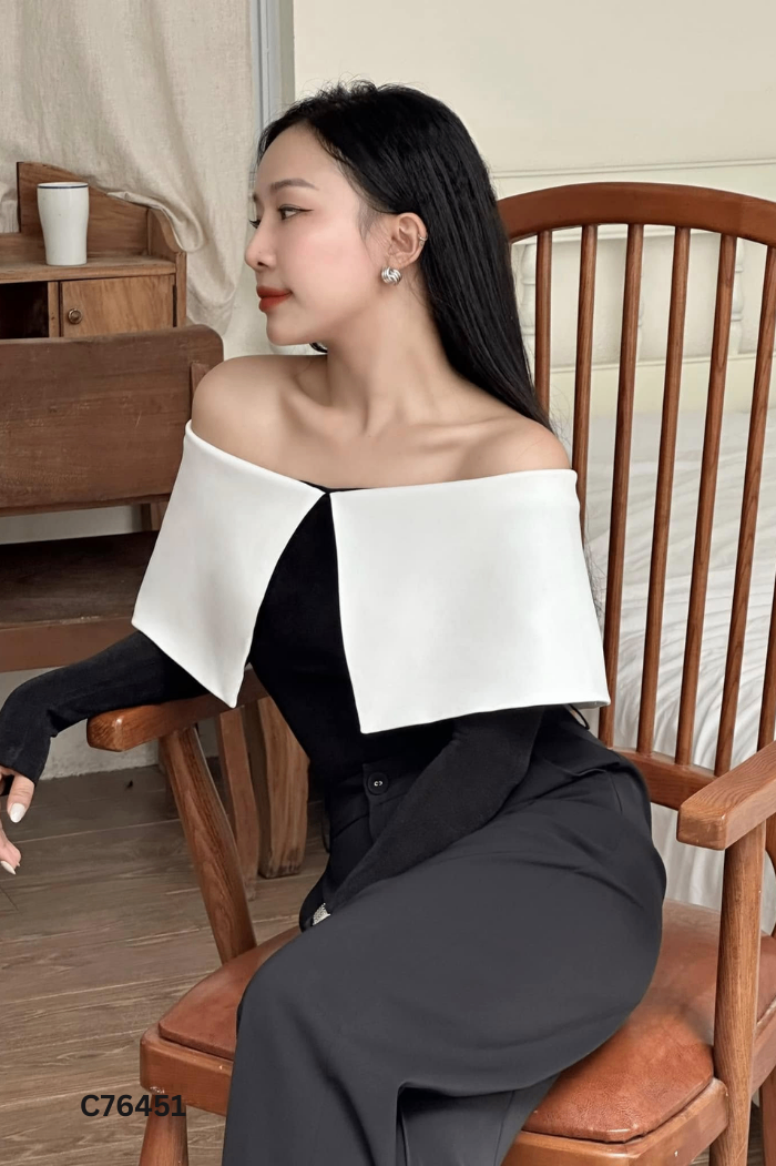 Áo MIO LADY đen phối vạt trắng