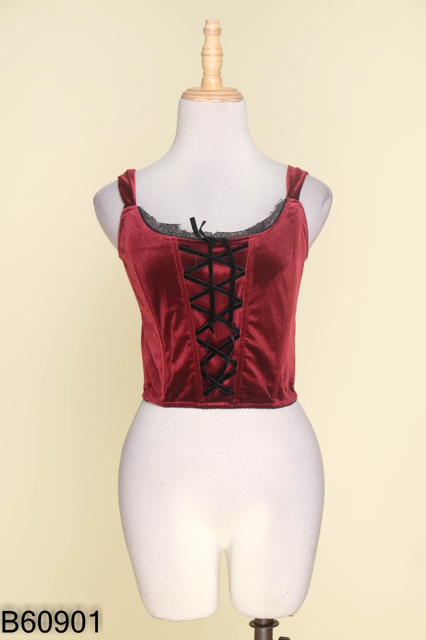 Corset nhung đỏ đan dây