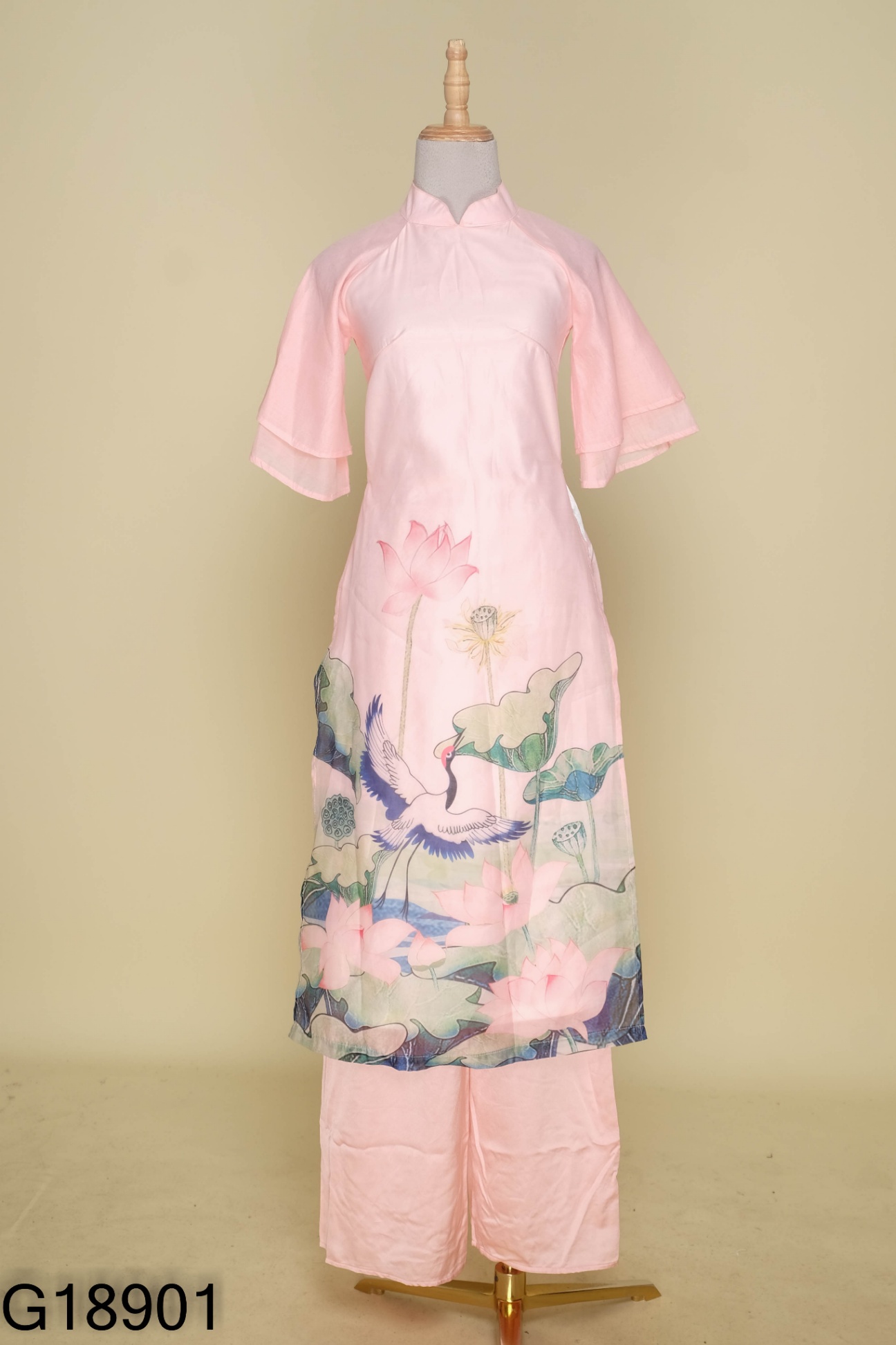SET Áo dài hồng hoa sen + quần lụa