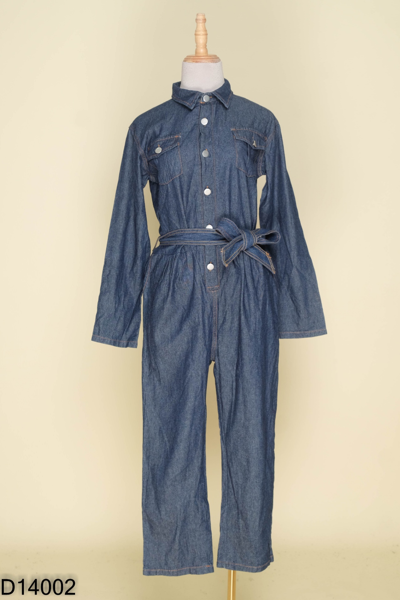 Jumpsuit jeans xanh cổ sơ mi