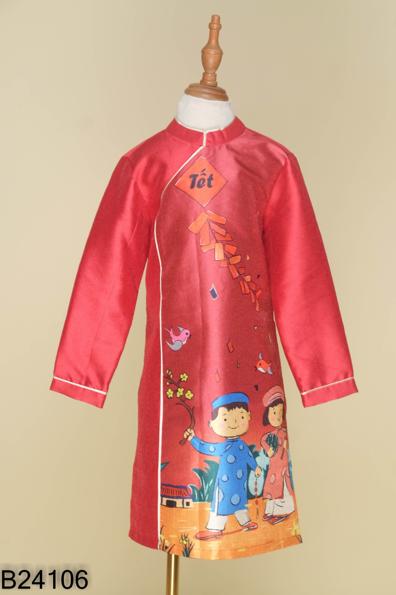 Áo dài hồng họa tiết (KHÔNG QUẦN) KIDS