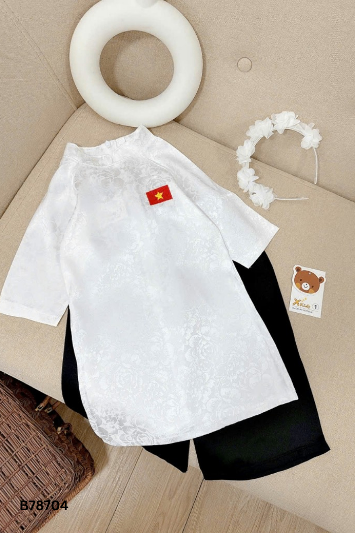 Set áo dài trắng+quần đen+nơ kids