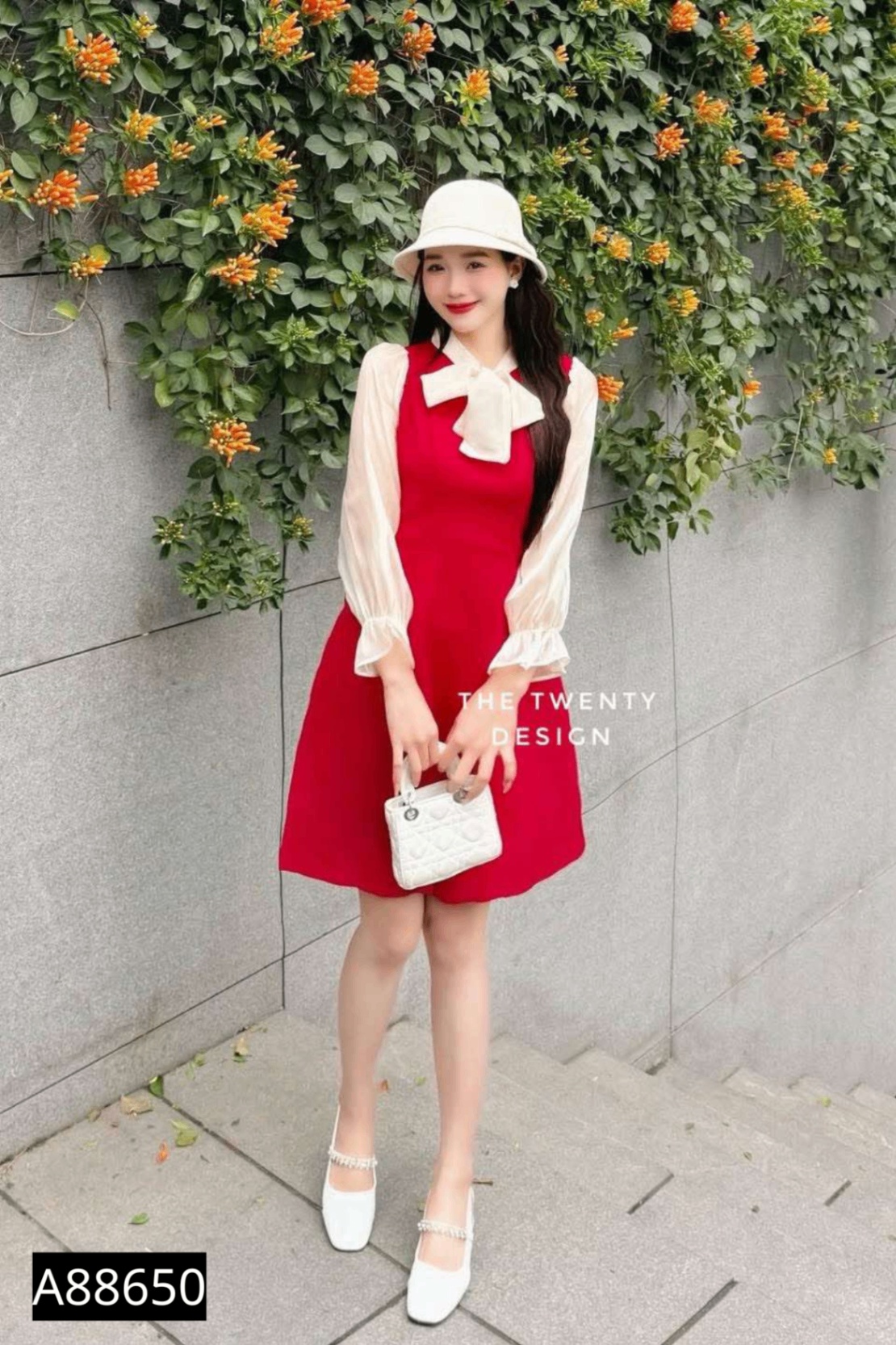 Váy đỏ tay organza be