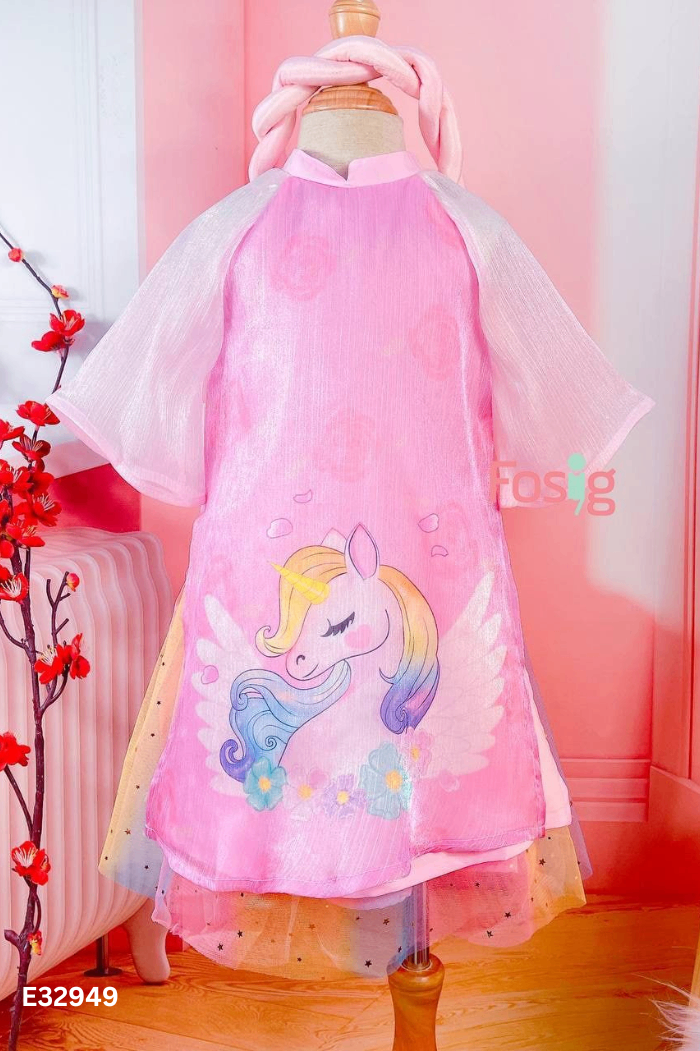 NEWTAG set áo dài hồng+vấn kids