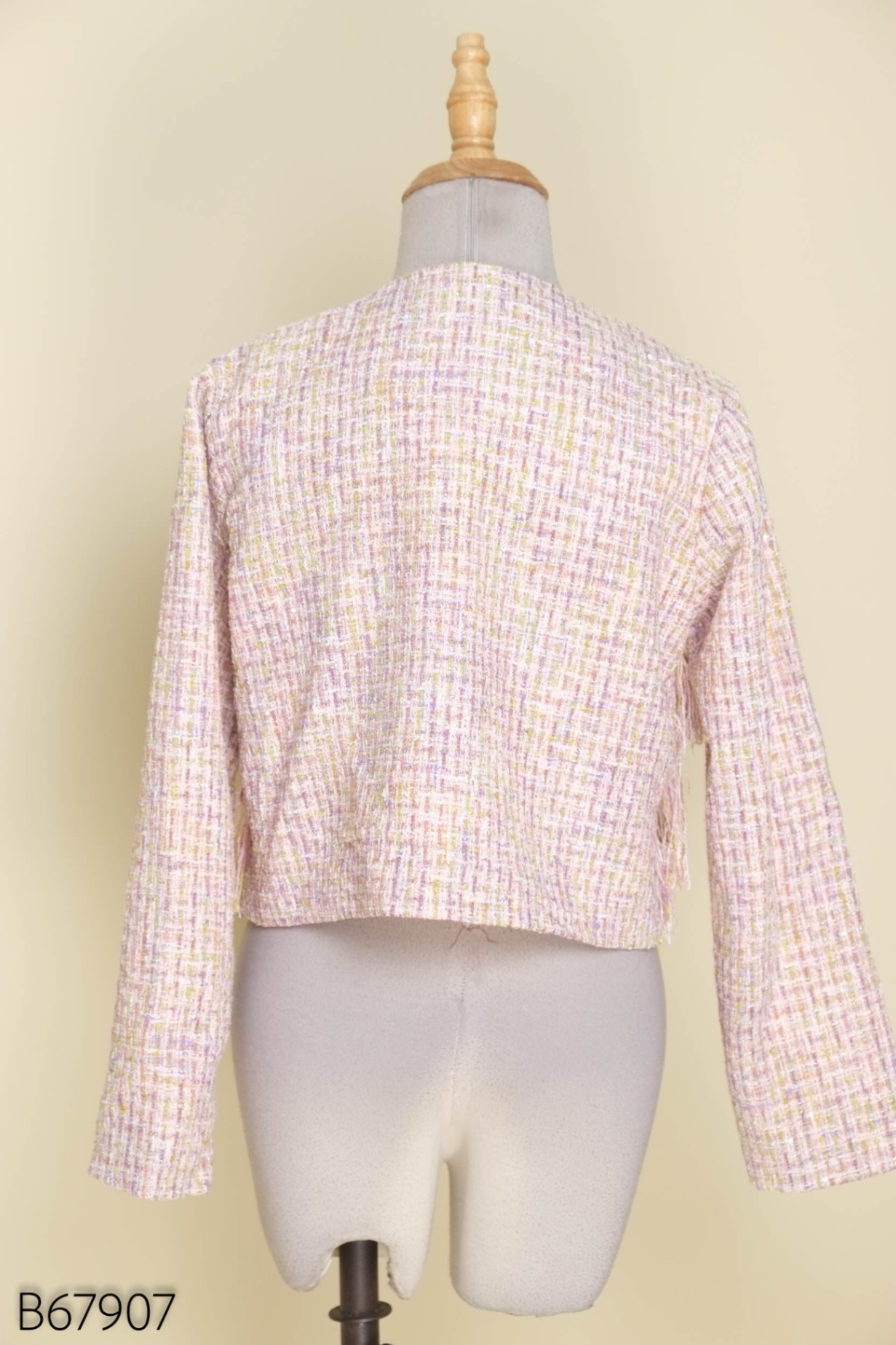 Áo dạ tweed hồng tua rua