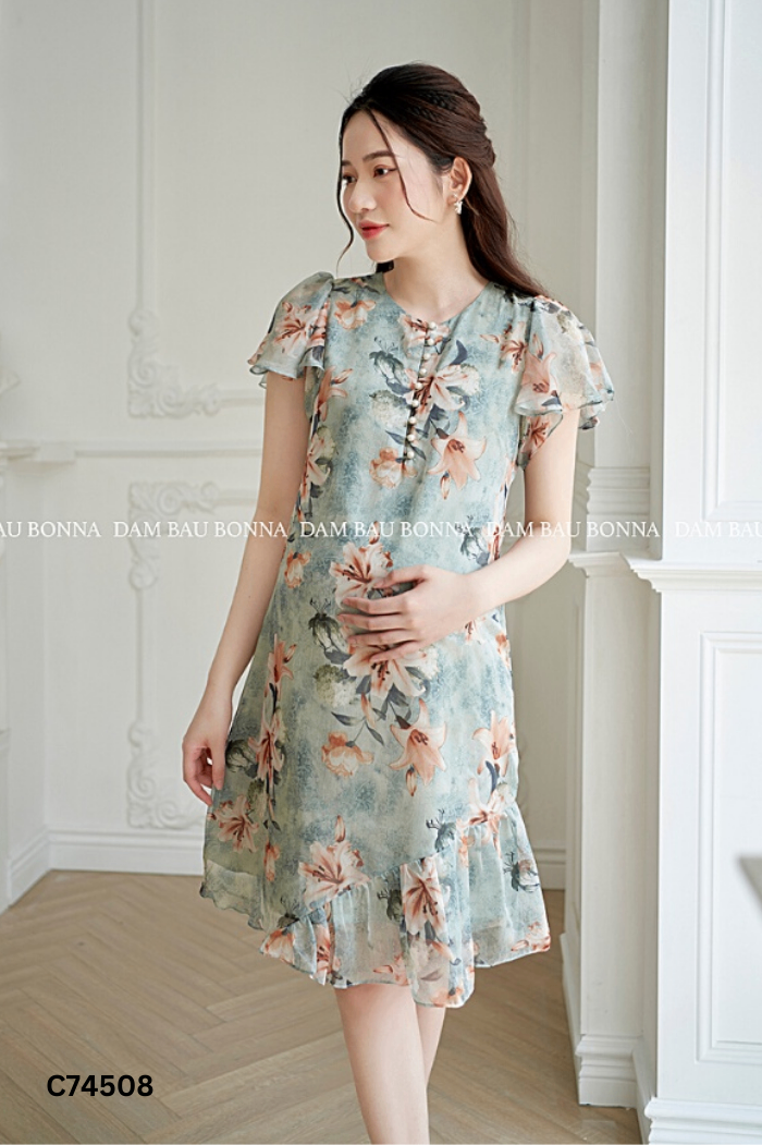 Váy nhỡ xanh họa tiết hoa vàng