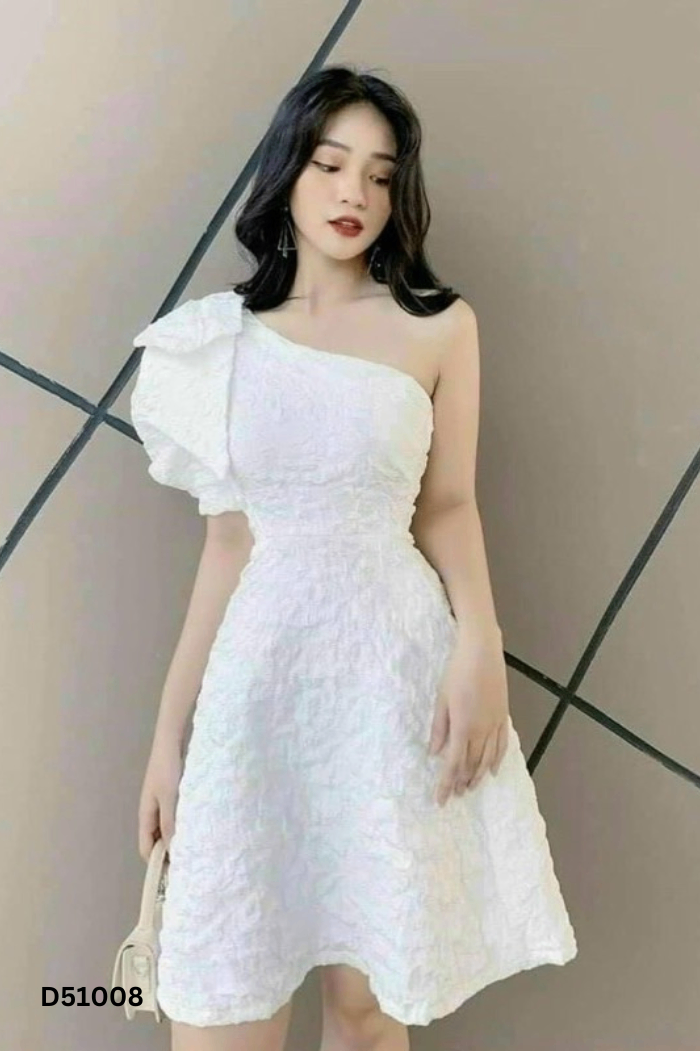 Váy nhỡ trắng trơn lệch vai