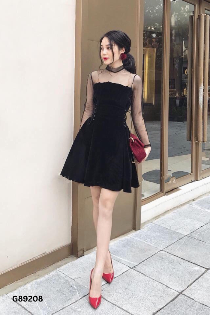 Váy nhỡ nhung đen phối lưới