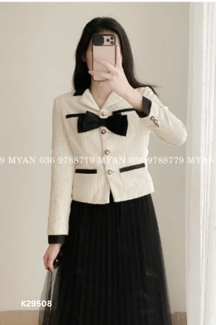 Áo MYAN dạ tweed be đính nơ đen