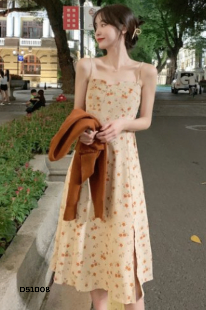Váy hai dây WHITE BOX vàng hoa cam