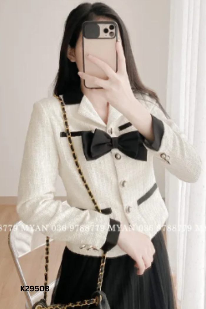 Áo MYAN dạ tweed be đính nơ đen