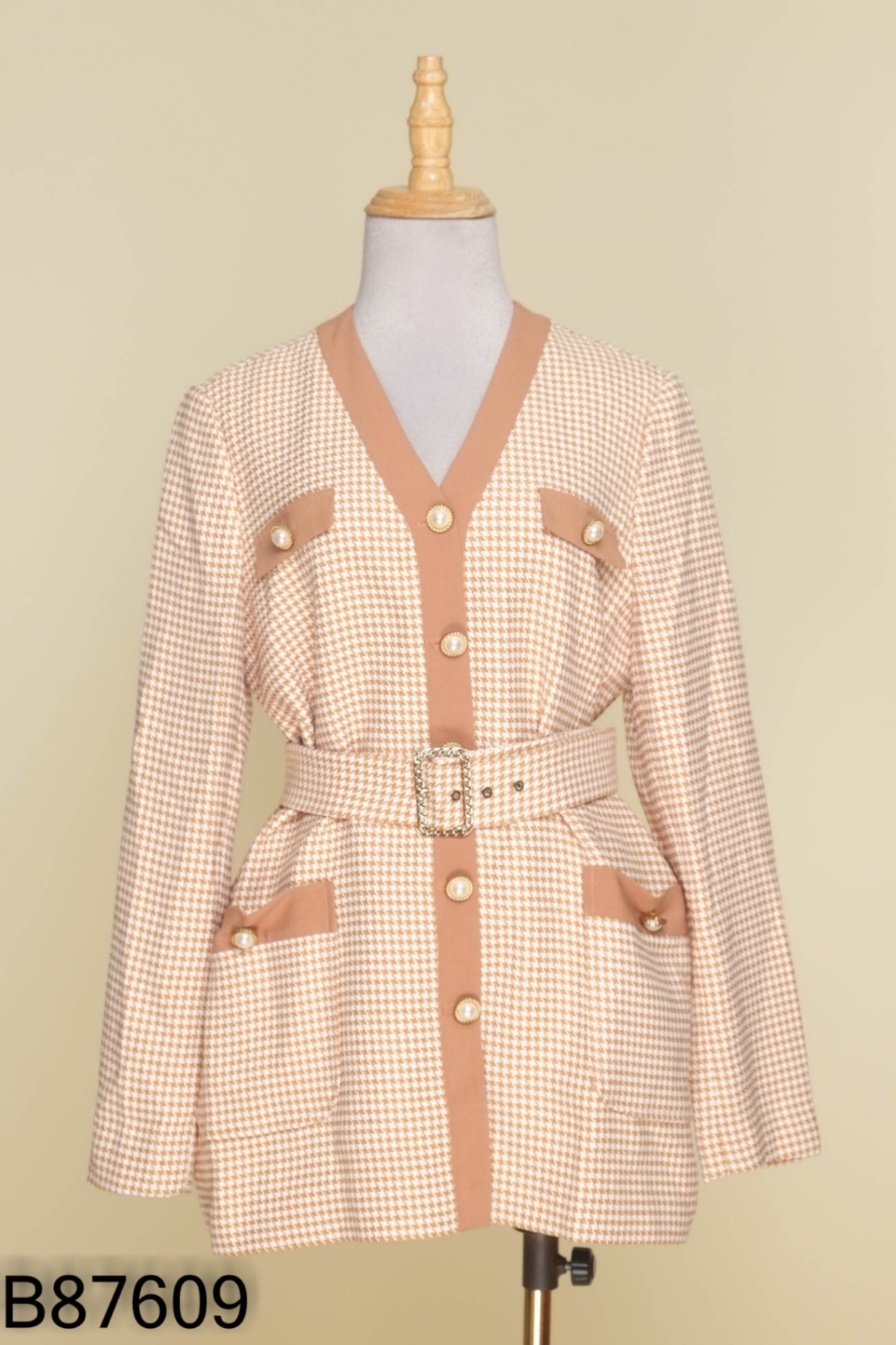 NEWTAG Váy EMSPO dạ tweed vàng nâu phối be