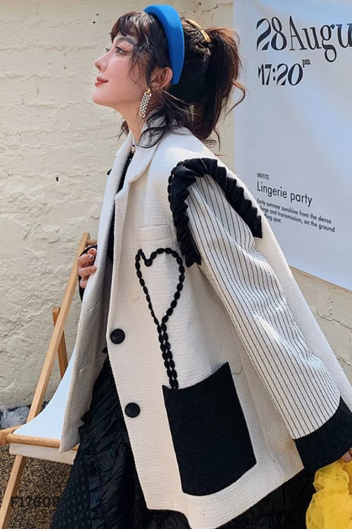 Áo blazers dạ trắng phối đen