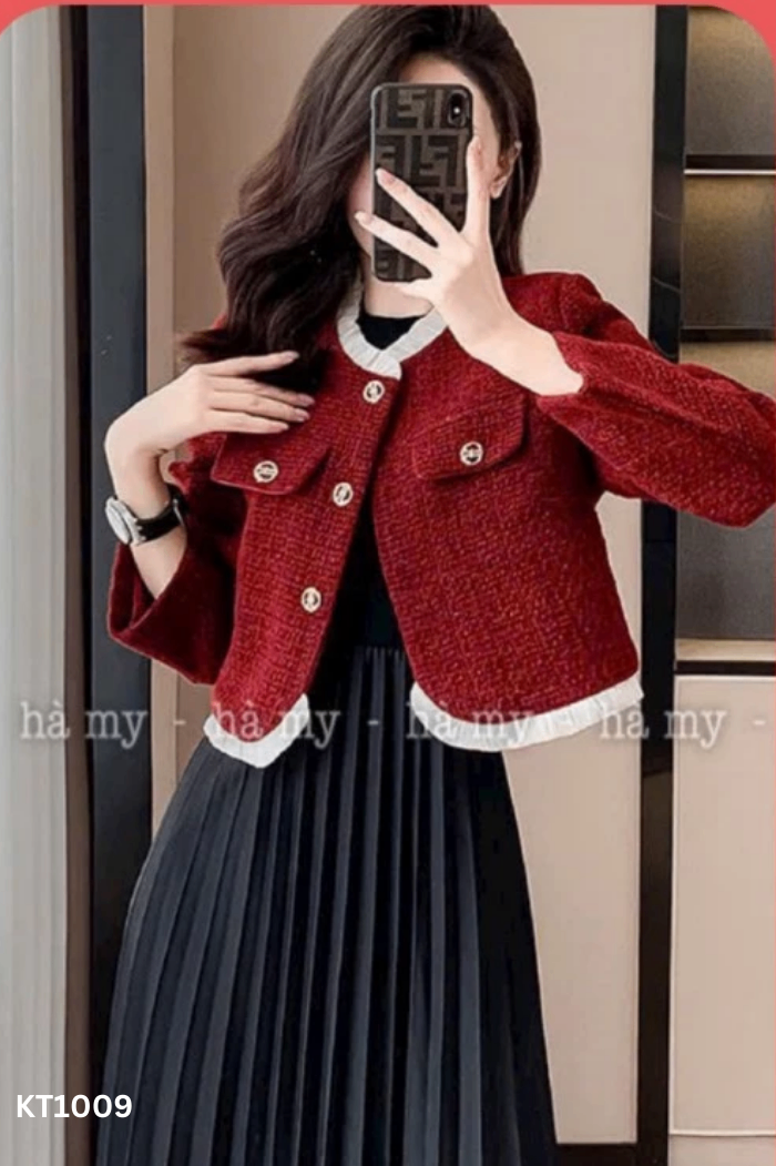 Áo dạ tweed đỏ viền be