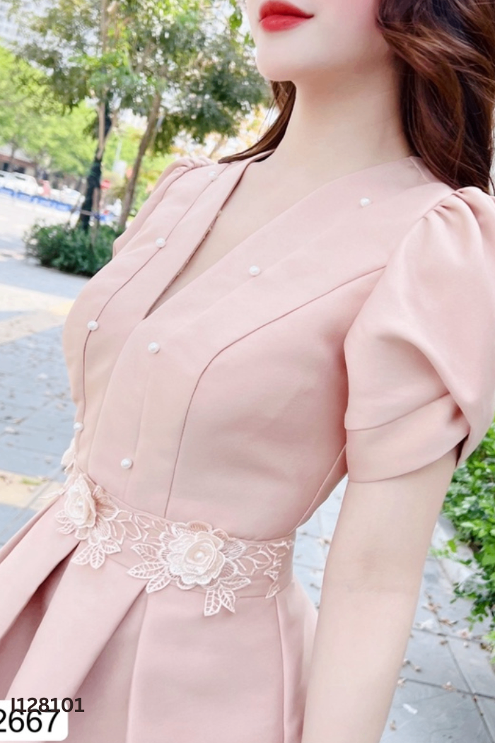 Váy ALICE taffta hồng hoa trắng
