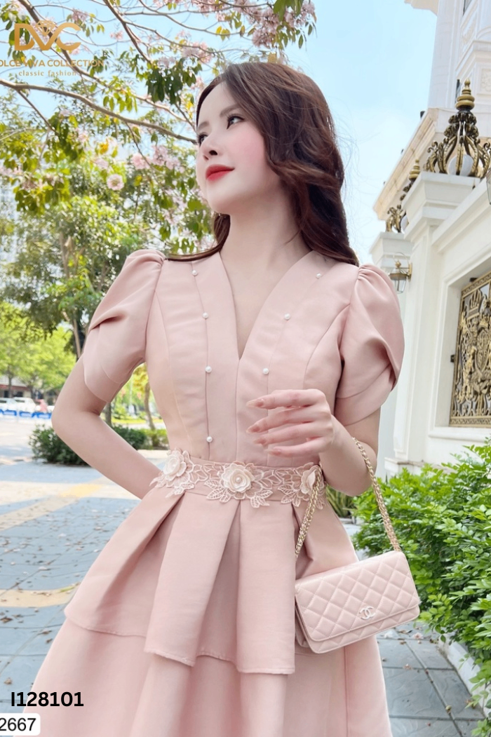 Váy ALICE taffta hồng hoa trắng