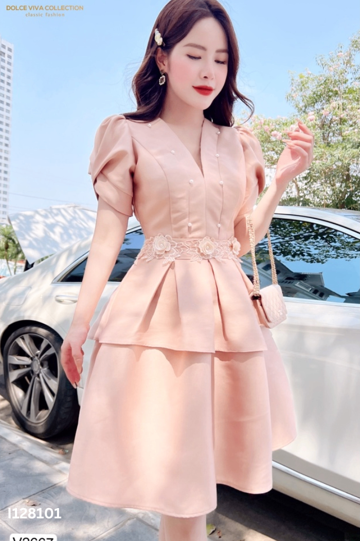 Váy ALICE taffta hồng hoa trắng