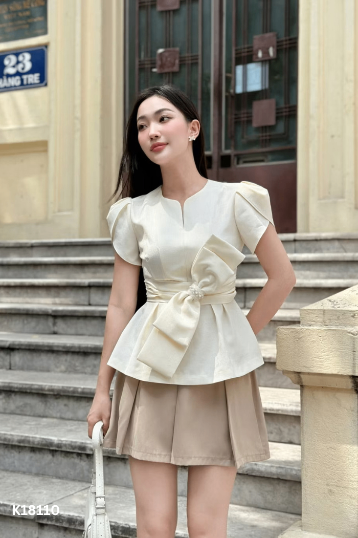 NEWTAG Áo tơ be LAMSTUDIO phối nơ