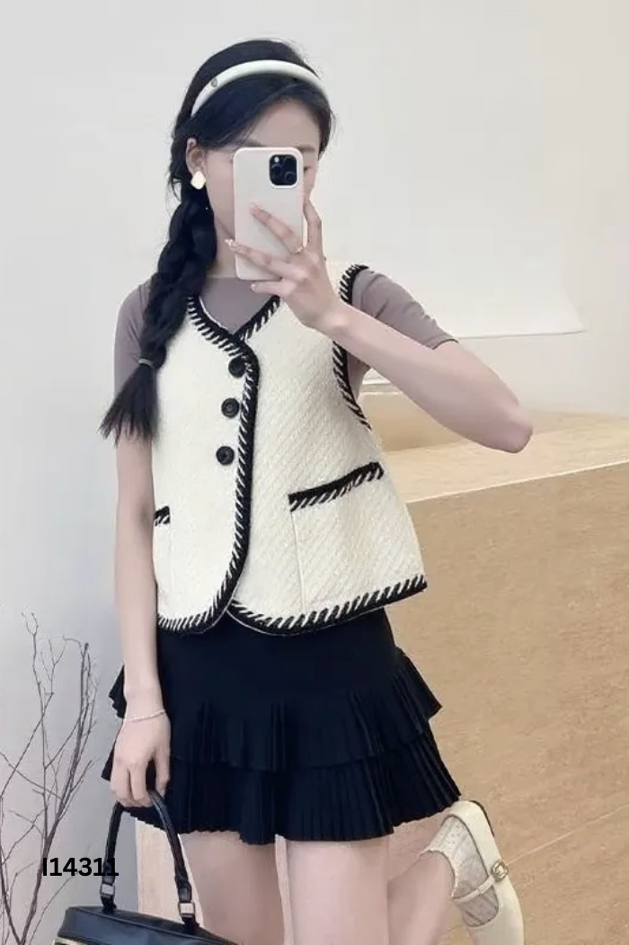 Áo FANO STUDIO dạ tweed trắng viền đen